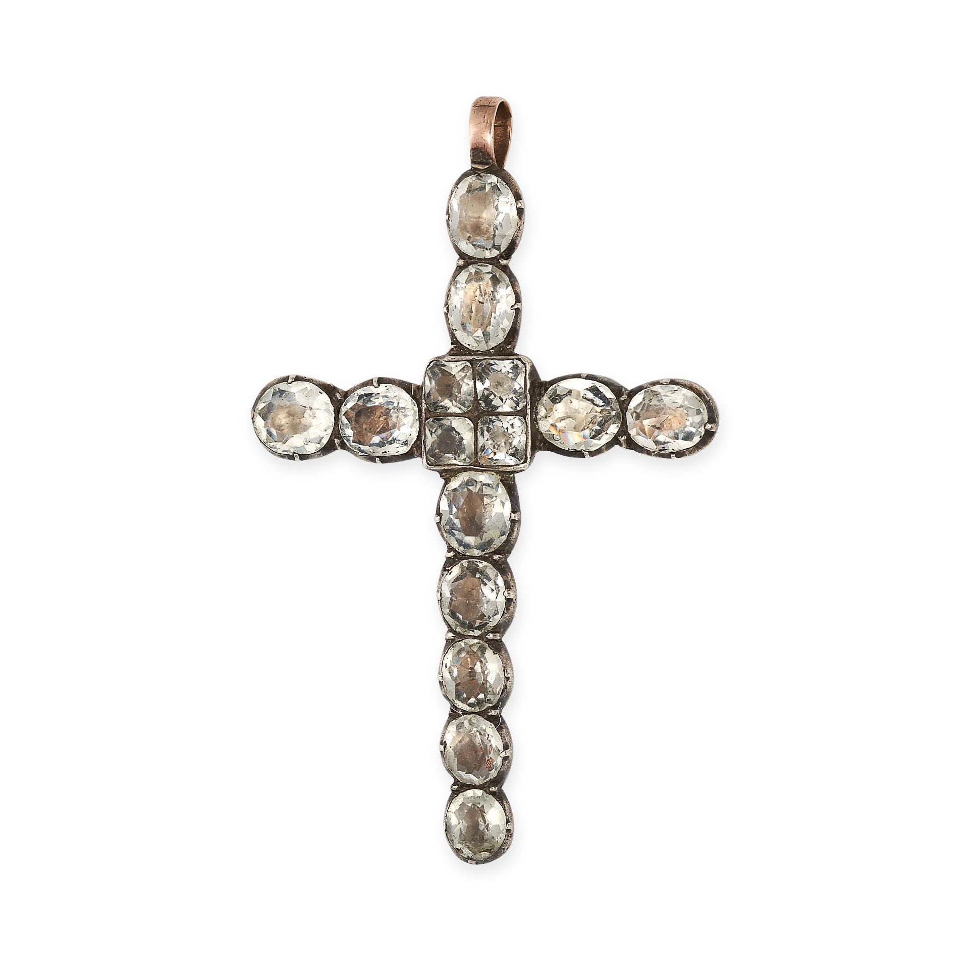 AN ANTIQUE PASTE CROSS PENDANT in silver and yellow gold, set with oval and Peruzzi cut paste sto...