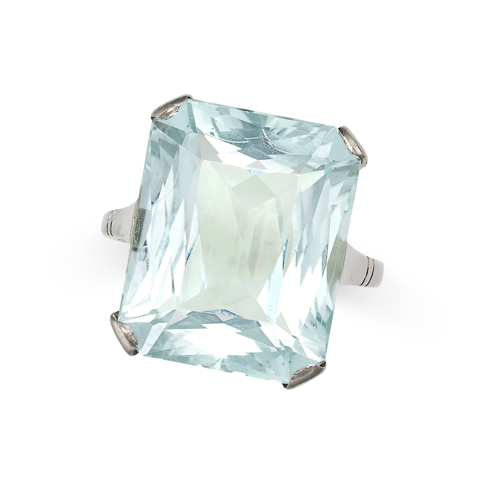 AN AQUAMARINE RING in 14ct white gold, set with an octagonal mixed cut aquamarine of approximatel...
