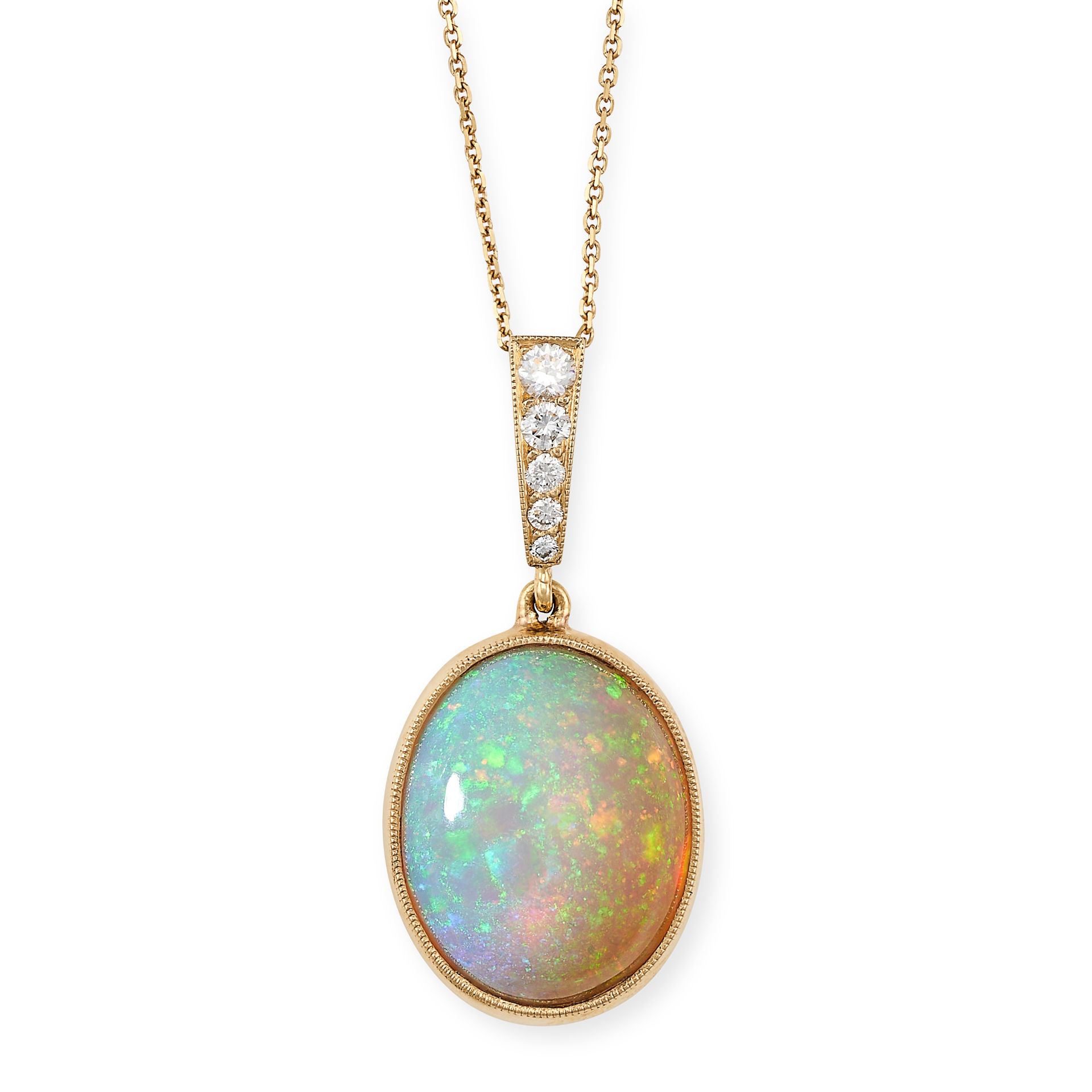 AN OPAL AND DIAMOND PENDANT AND CHAIN in 18ct yellow gold, the pendant set with a cabochon opal s...