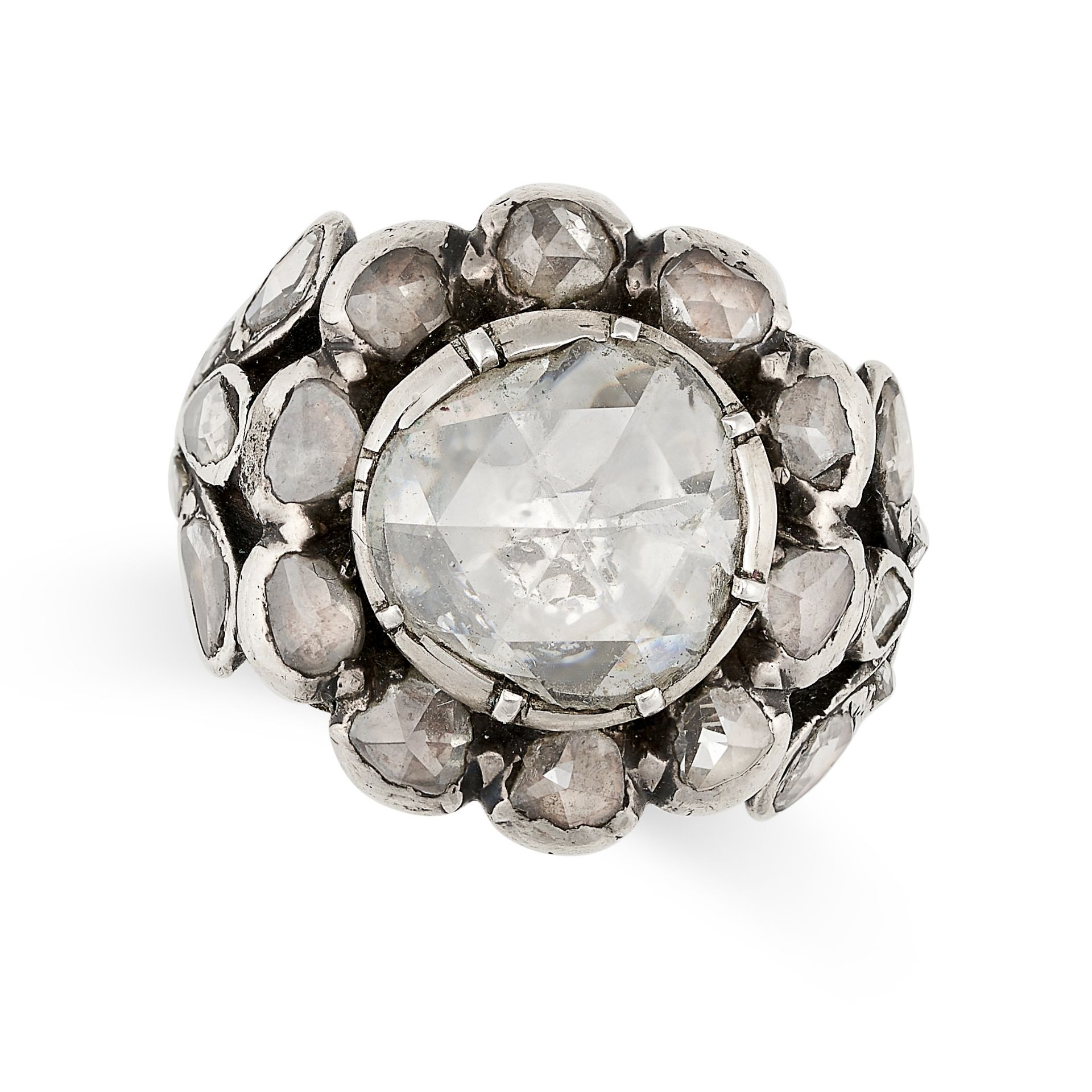 A DIAMOND CLUSTER RING in silver, set with a rose cut diamond of 9.6mm in a cluster of rose cut...