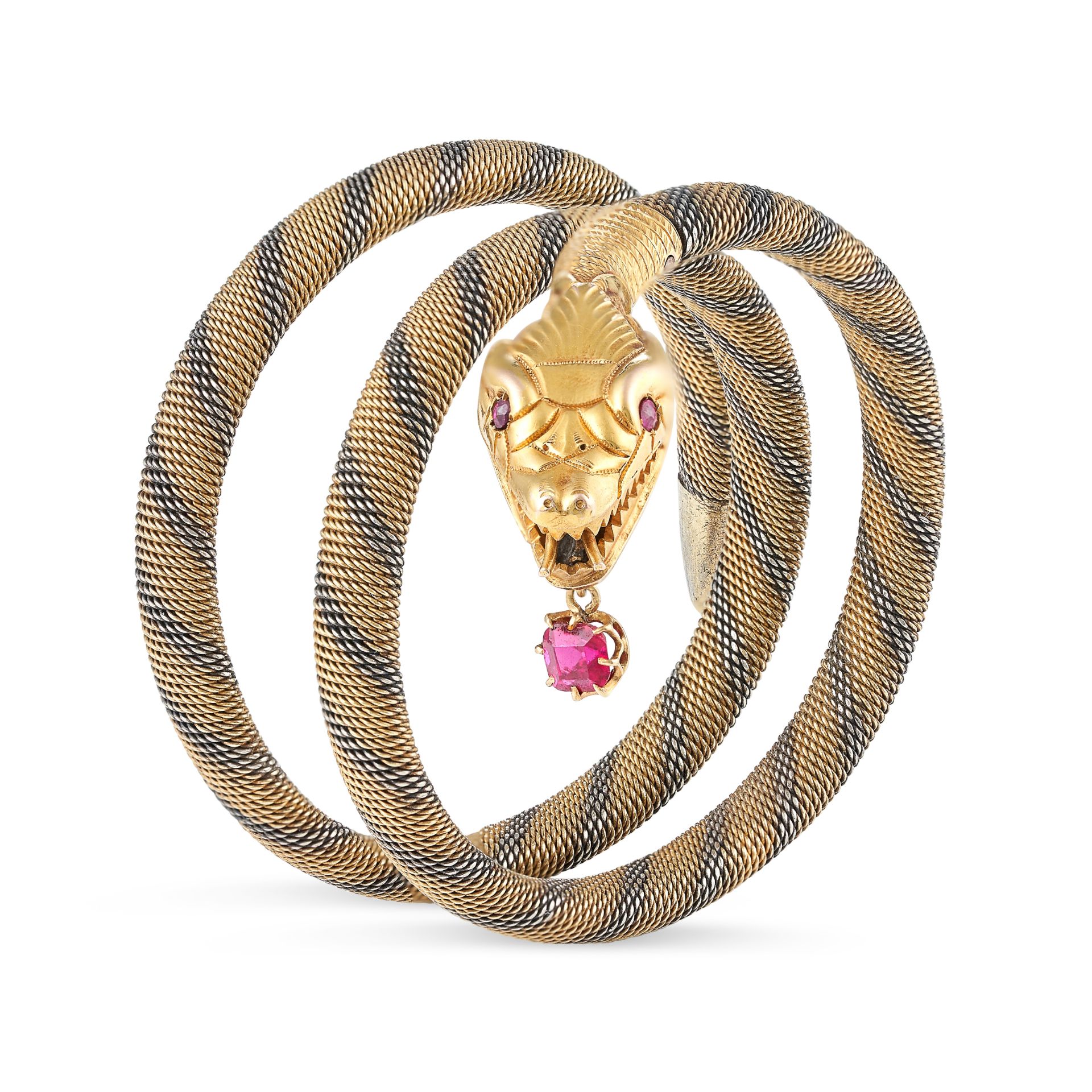 AN ANTIQUE RUBY SNAKE BRACELET in yellow gold, designed as a coiling snake suspending a ruby drop...