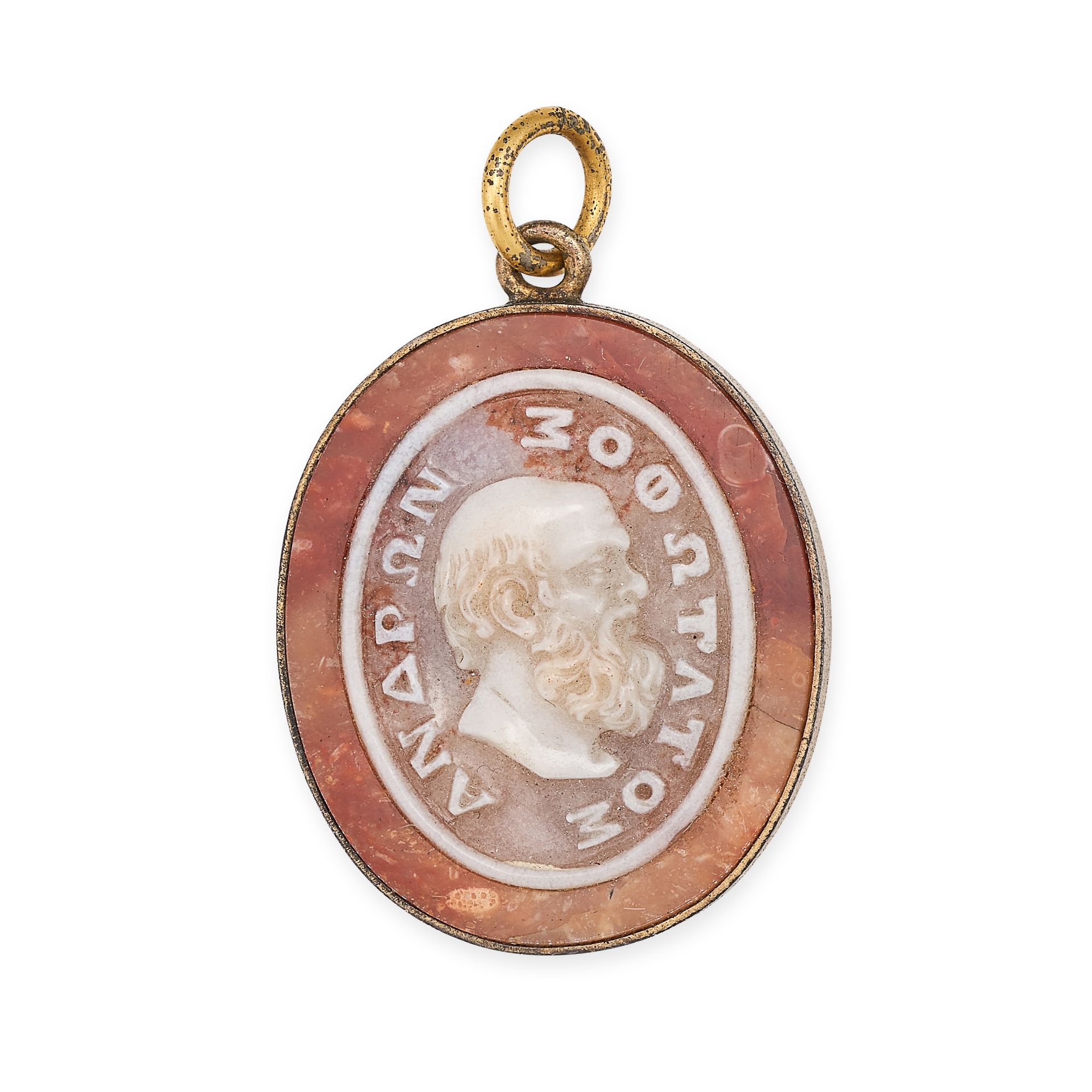 AN ANTIQUE HARDSTONE CAMEO PENDANT the oval body set with a piece of hardstone carved to depict t...