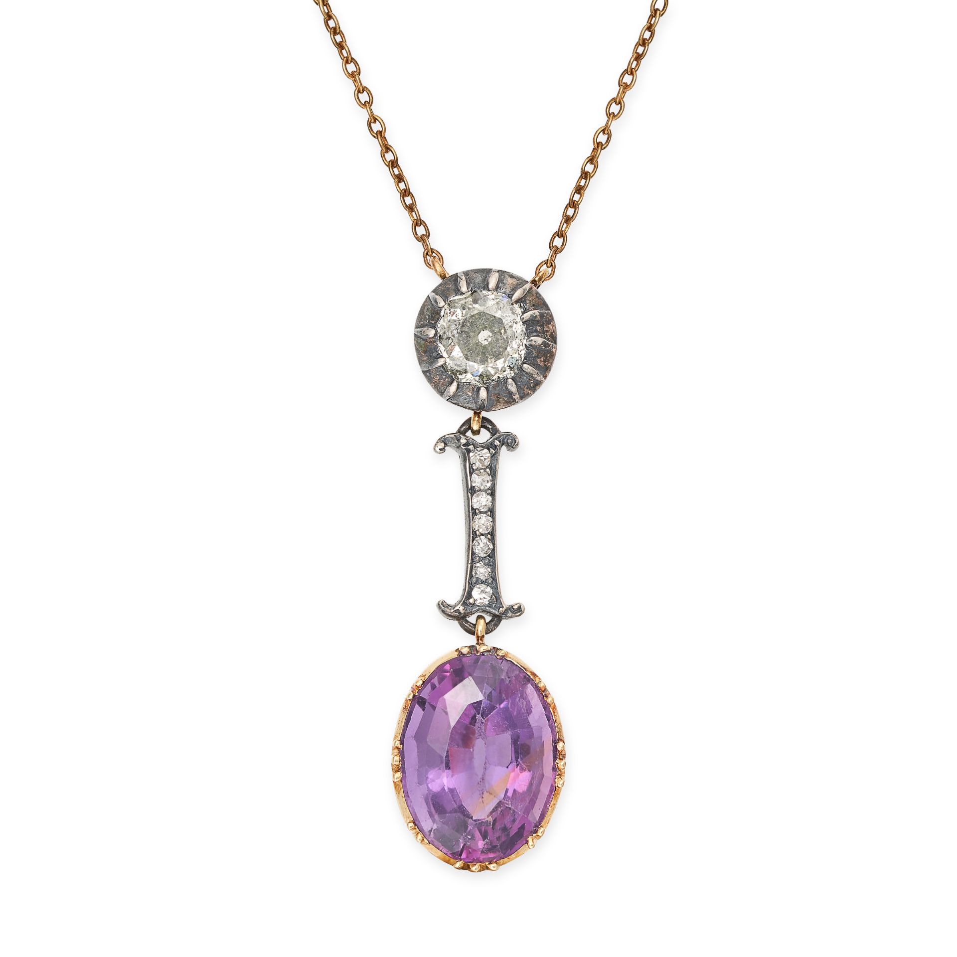 AN AMETHYST AND DIAMOND PENDANT NECKLACE in yellow gold and silver, the pendant set with an old c...