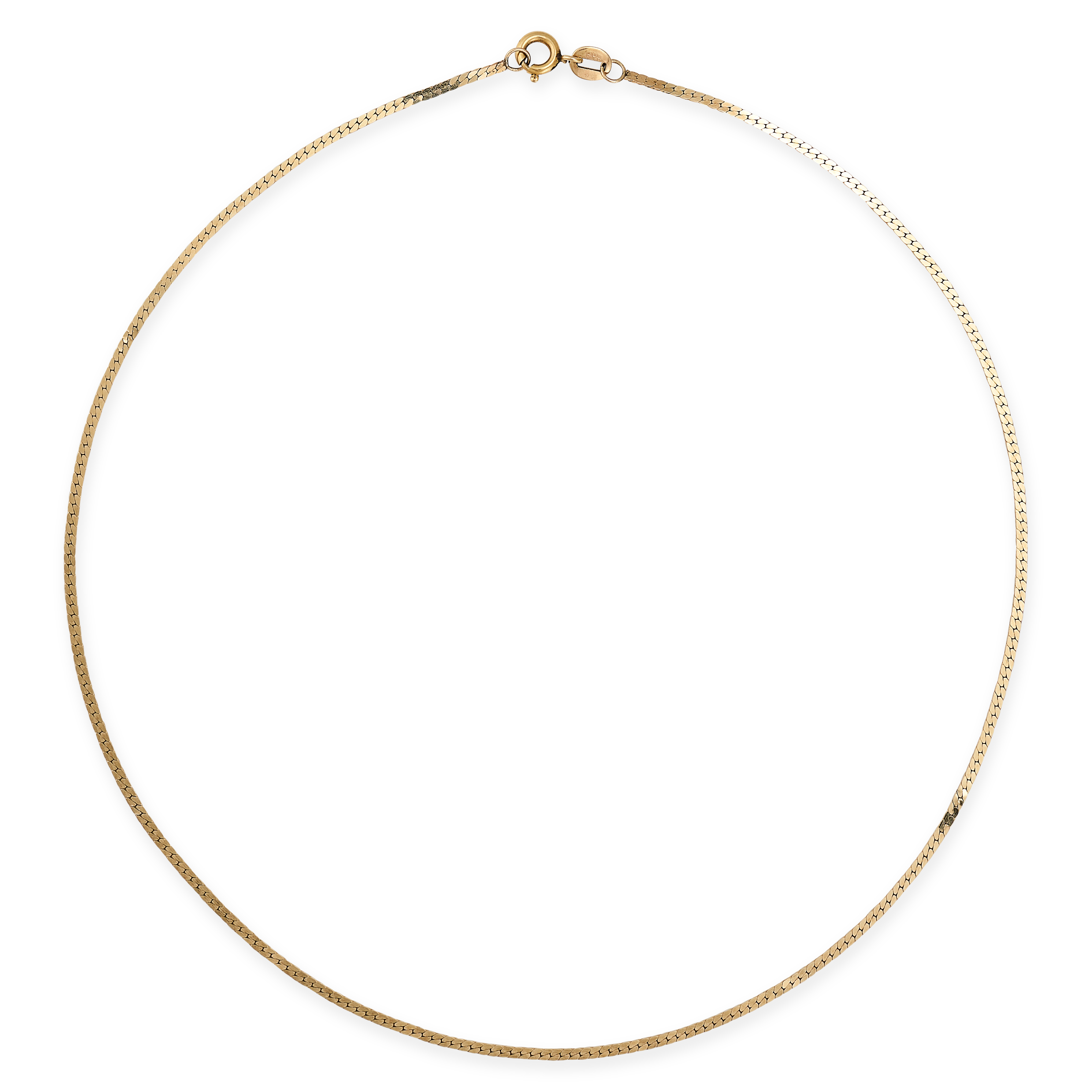 A GOLD SNAKE CHAIN NECKLACE in 14ct yellow gold, formed of flat snake links, stamped 585, 41.0cm,...