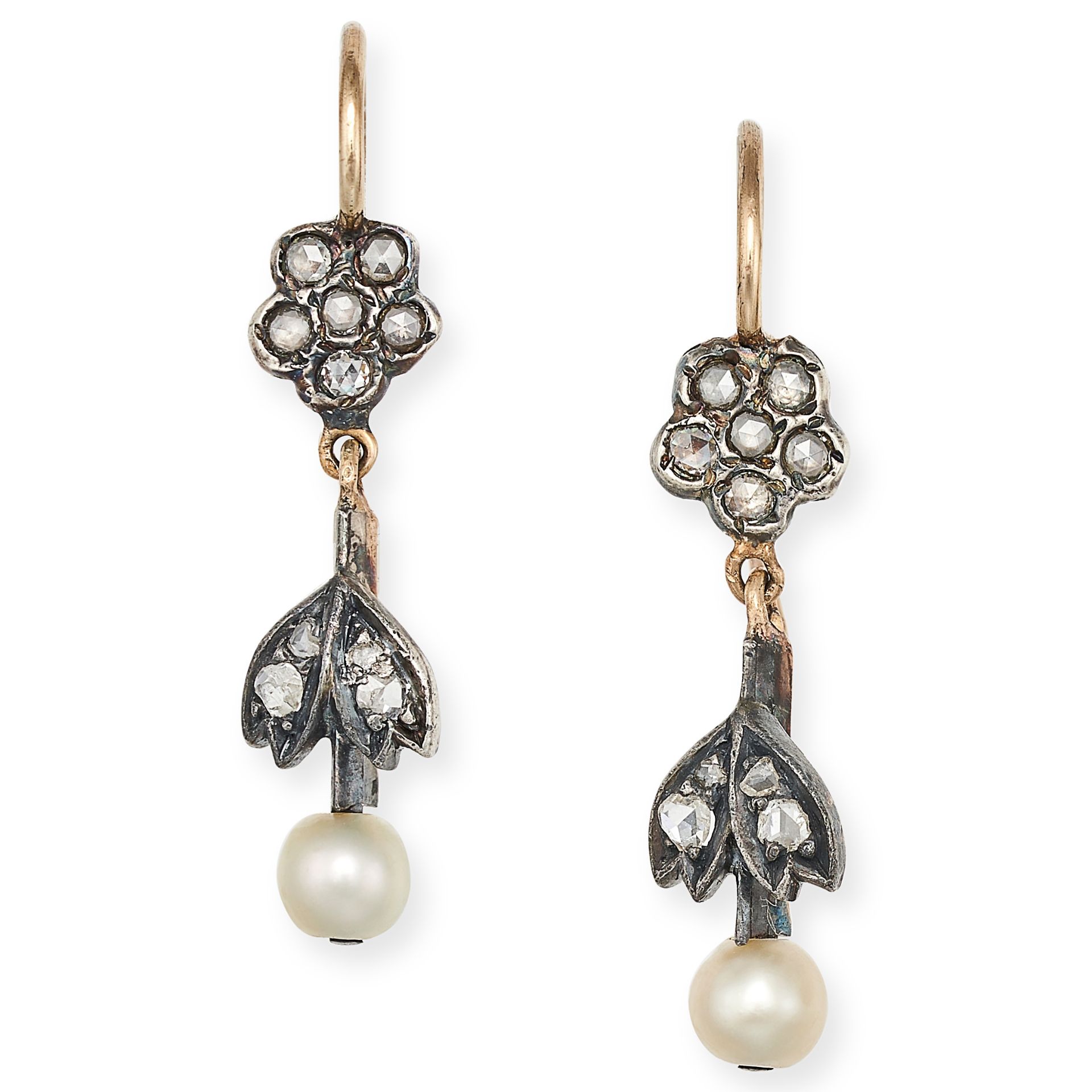 A PAIR OF PEARL AND DIAMOND DROP EARRINGS in yellow gold and silver, each set with a cluster of r...