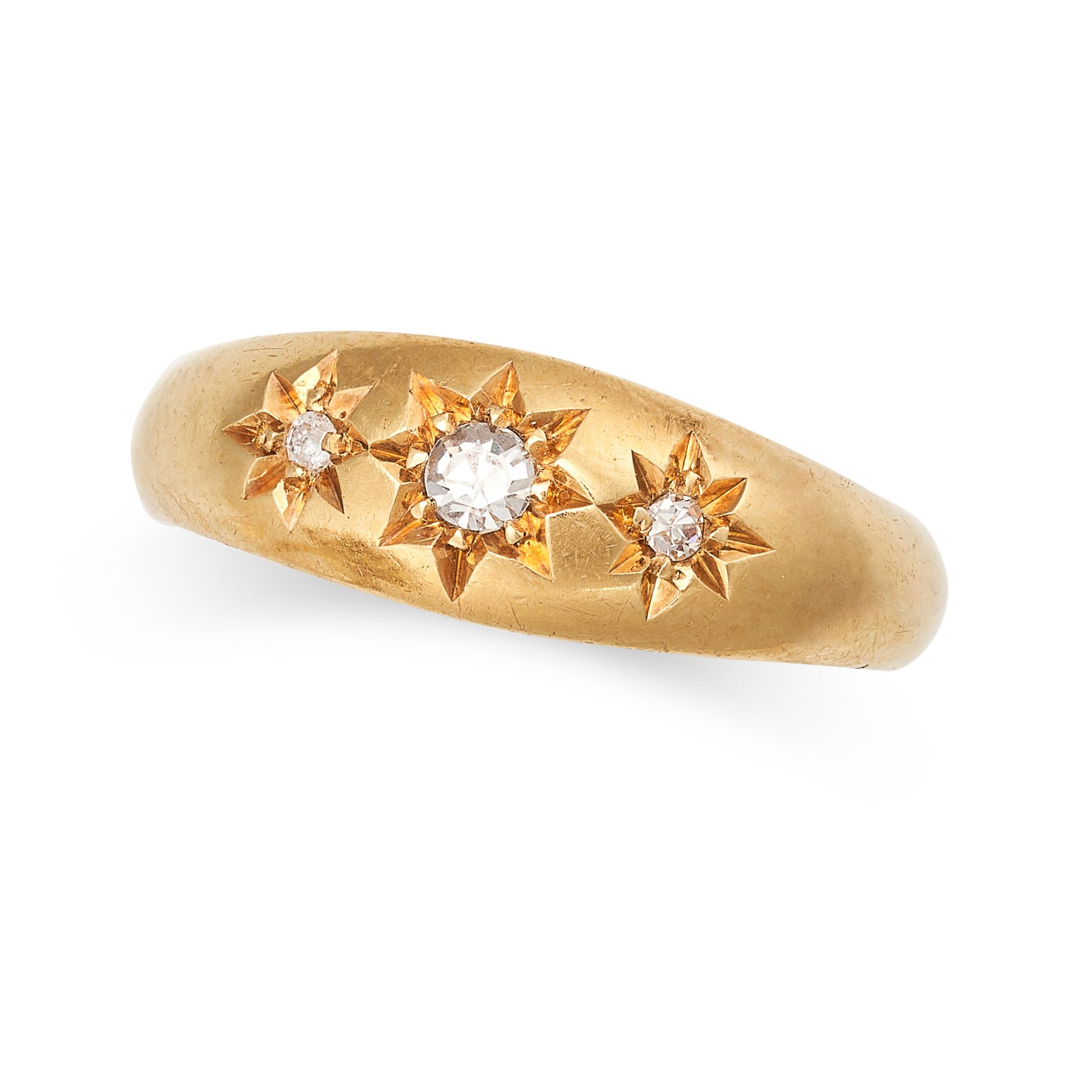 AN ANTIQUE DIAMOND GYPSY RING in 18ct yellow gold, set with three single cut diamonds within star...