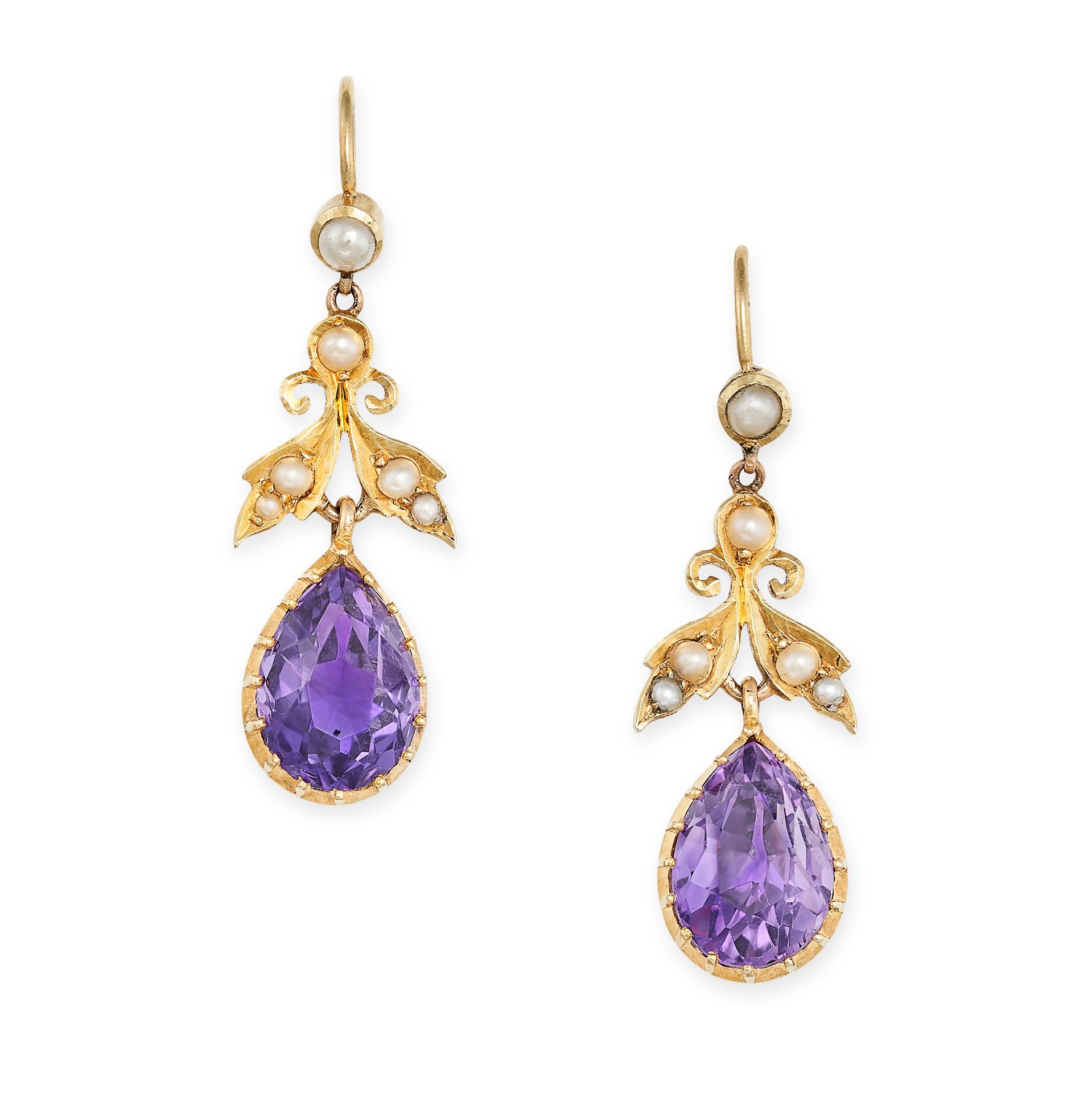 NO RESERVE - A PAIR OF AMETHYST AND PEARL DROP EARRINGS in 15ct yellow gold, each comprising a fo...