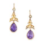 NO RESERVE - A PAIR OF AMETHYST AND PEARL DROP EARRINGS in 15ct yellow gold, each comprising a fo...