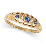 AN ANTIQUE EDWARDIAN SAPPHIRE AND DIAMOND RING in 18ct yellow gold, set with round cut sapphires ...