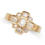 A DIAMOND CLUSTER RING in 18ct yellow gold, the geometric face set with a cluster of old cut diam...