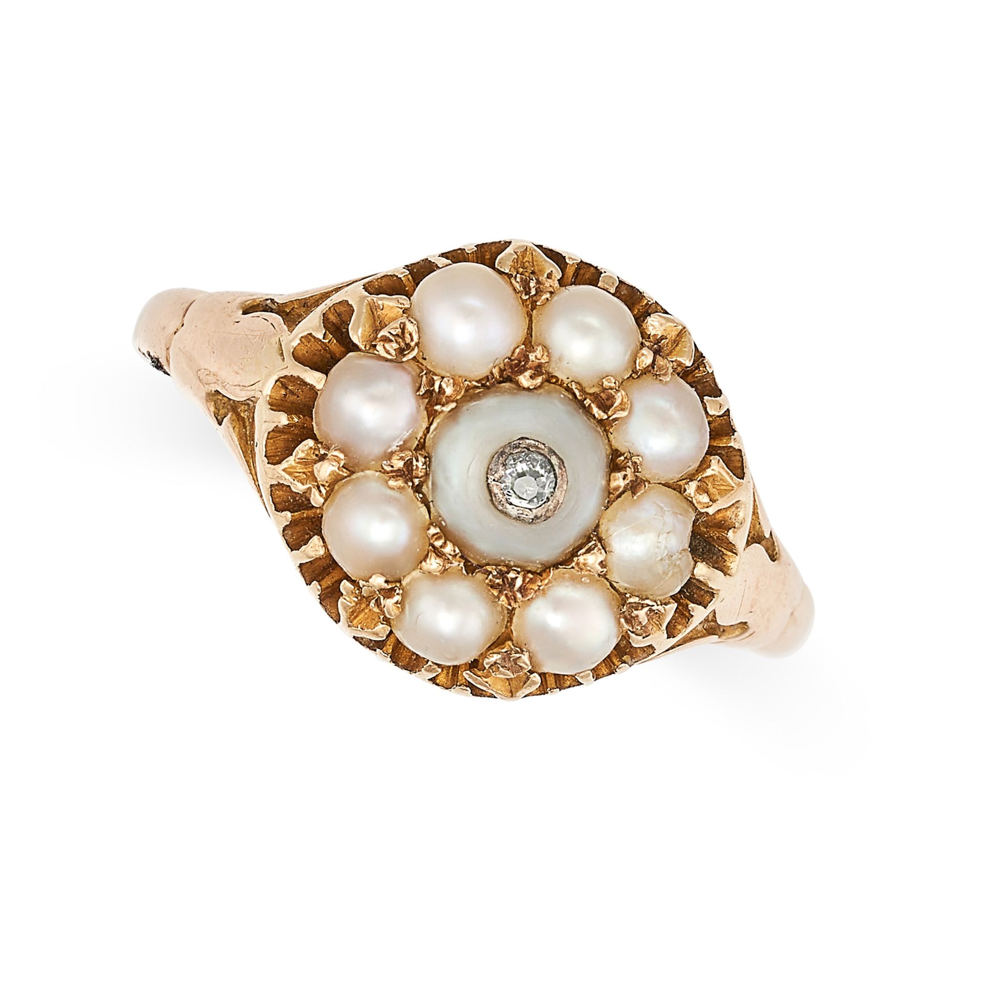 AN ANTIQUE VICTORIAN PEARL CLUSTER RING in yellow gold, the ring set to the centre with a rose cu...