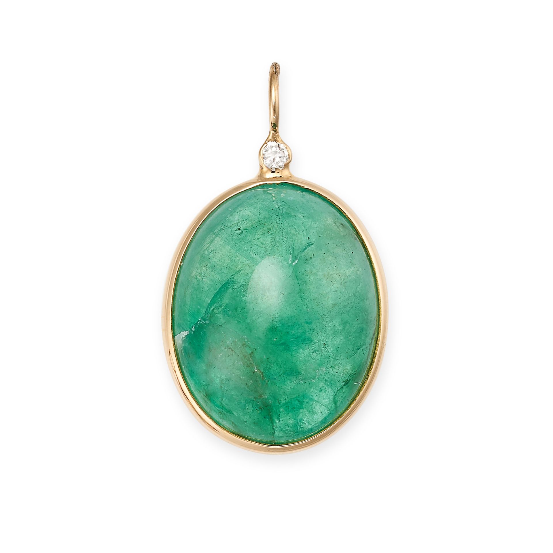AN EMERALD AND DIAMOND PENDANT in 18ct yellow gold, set with a round brilliant cut diamond and a ...