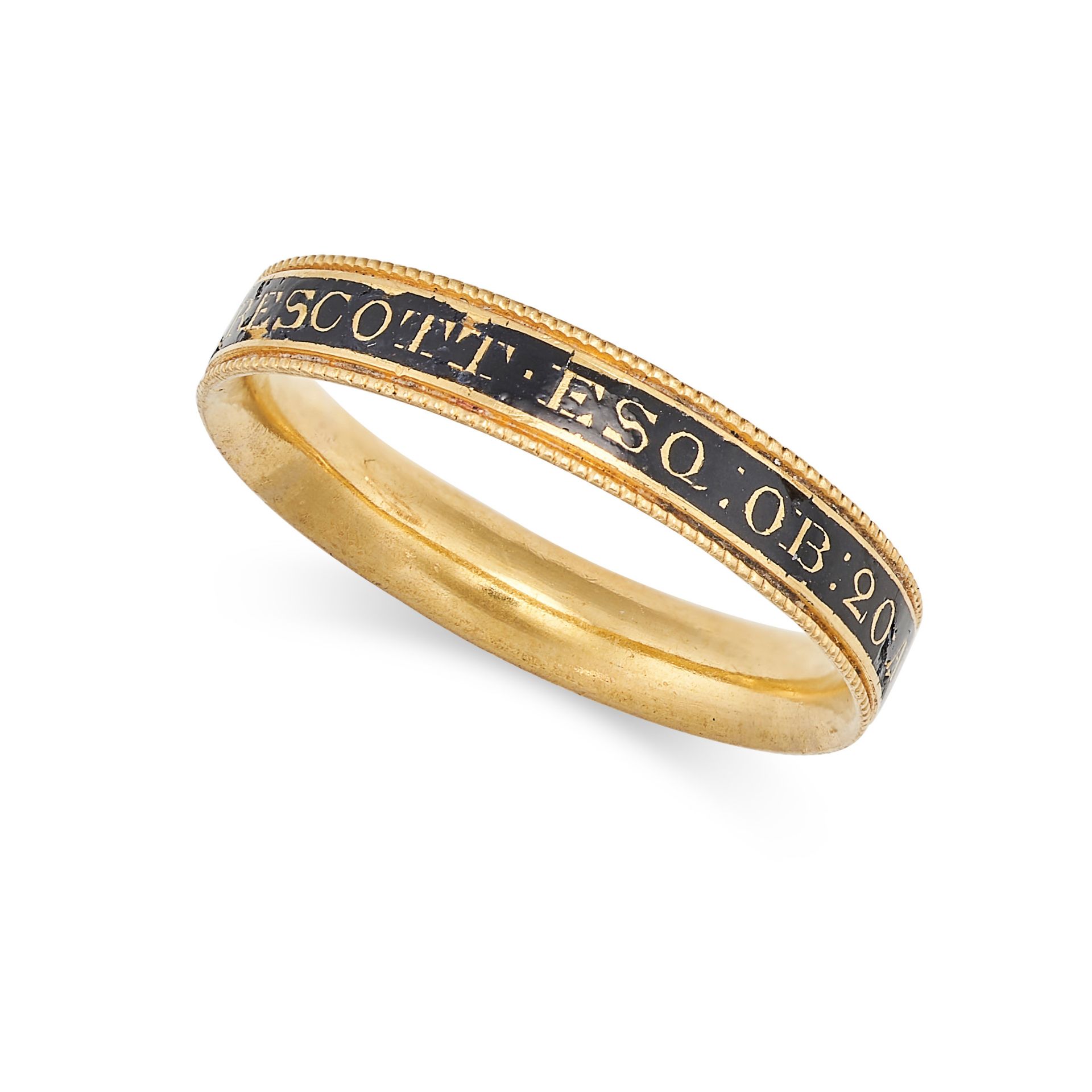 AN ANTIQUE GEORGIAN BLACK ENAMEL MOURNING RING in high carat yellow gold, the band decorated with...
