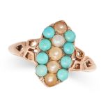 AN ANTIQUE TURQUOISE AND PEARL RING in rose gold, set with turquoise and pearls, no assay marks, ...