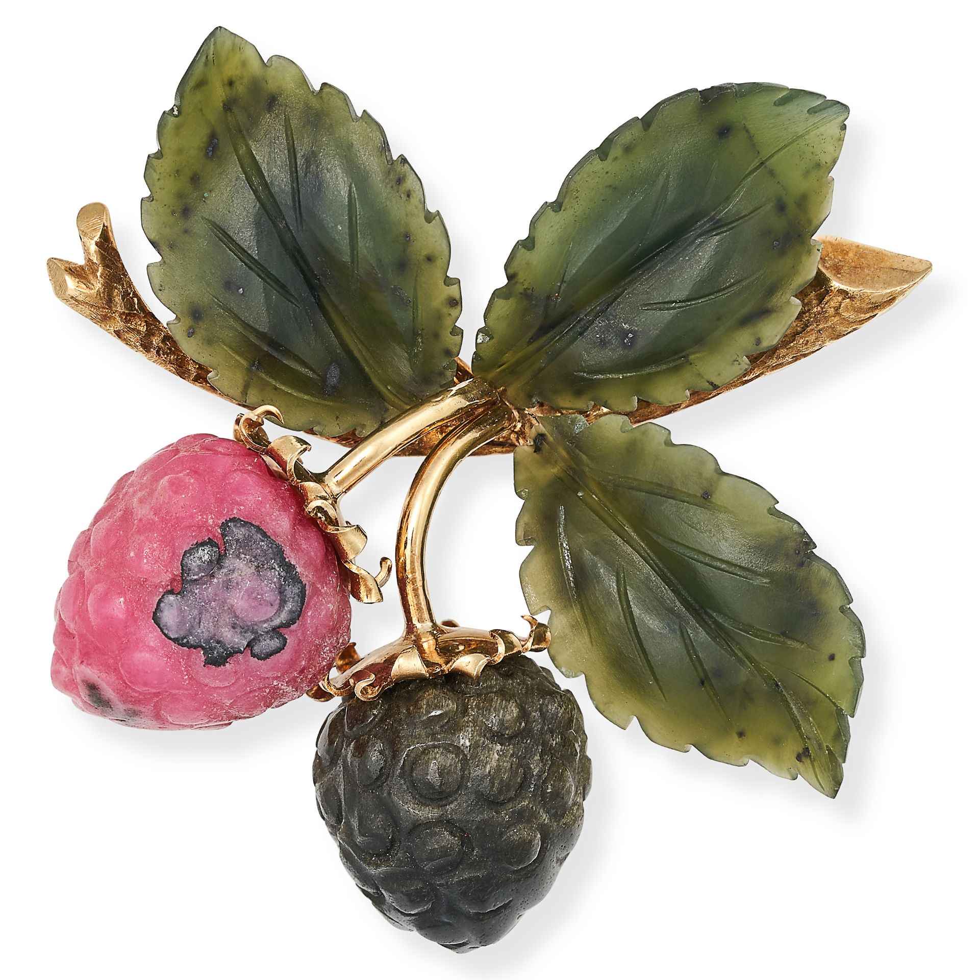A VINTAGE NEPHRITE, RHODONITE AND HARDSTONE BERRY BROOCH in 14ct yellow gold, designed as a spray...
