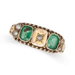 AN ANTIQUE VICTORIAN PEARL AND GREEN PASTE RING in 12ct yellow gold, set with pearls and cushion ...