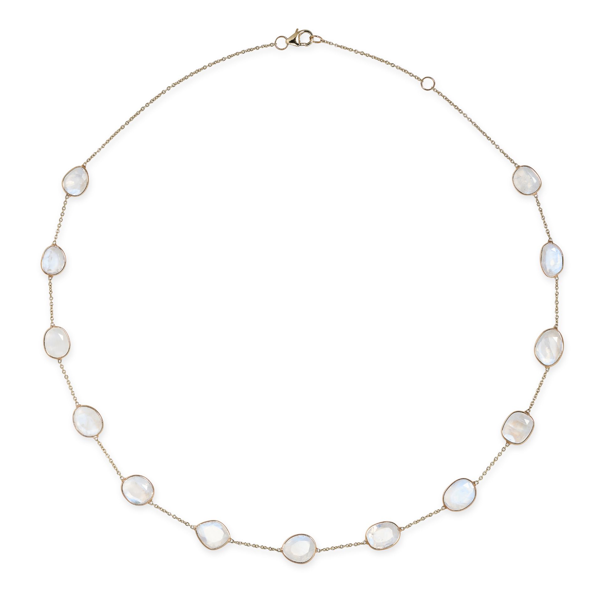 A RAINBOW MOONSTONE NECKLACE in 14ct yellow gold, the trace chain punctuated by thirteen fancy sh...