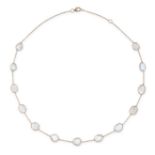 A RAINBOW MOONSTONE NECKLACE in 14ct yellow gold, the trace chain punctuated by thirteen fancy sh...