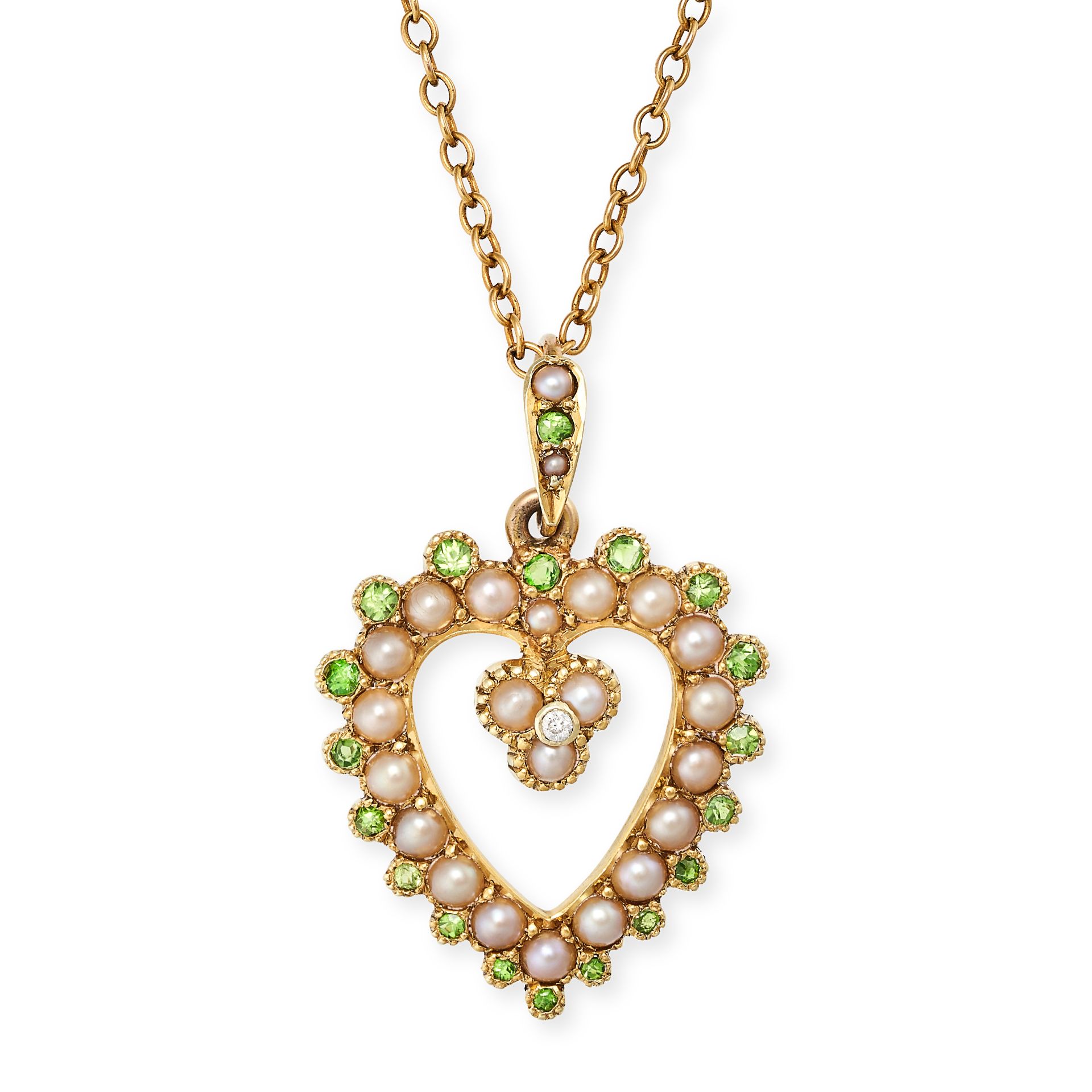 AN ANTIQUE DEMANTOID GARNET AND PEARL HEART PENDANT AND CHAIN in yellow gold, the pendant designe...