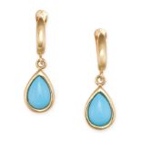 A PAIR OF TURQUOISE DROP EARRINGS in 18ct yellow gold, each set with a pear shaped cabochon re-co...