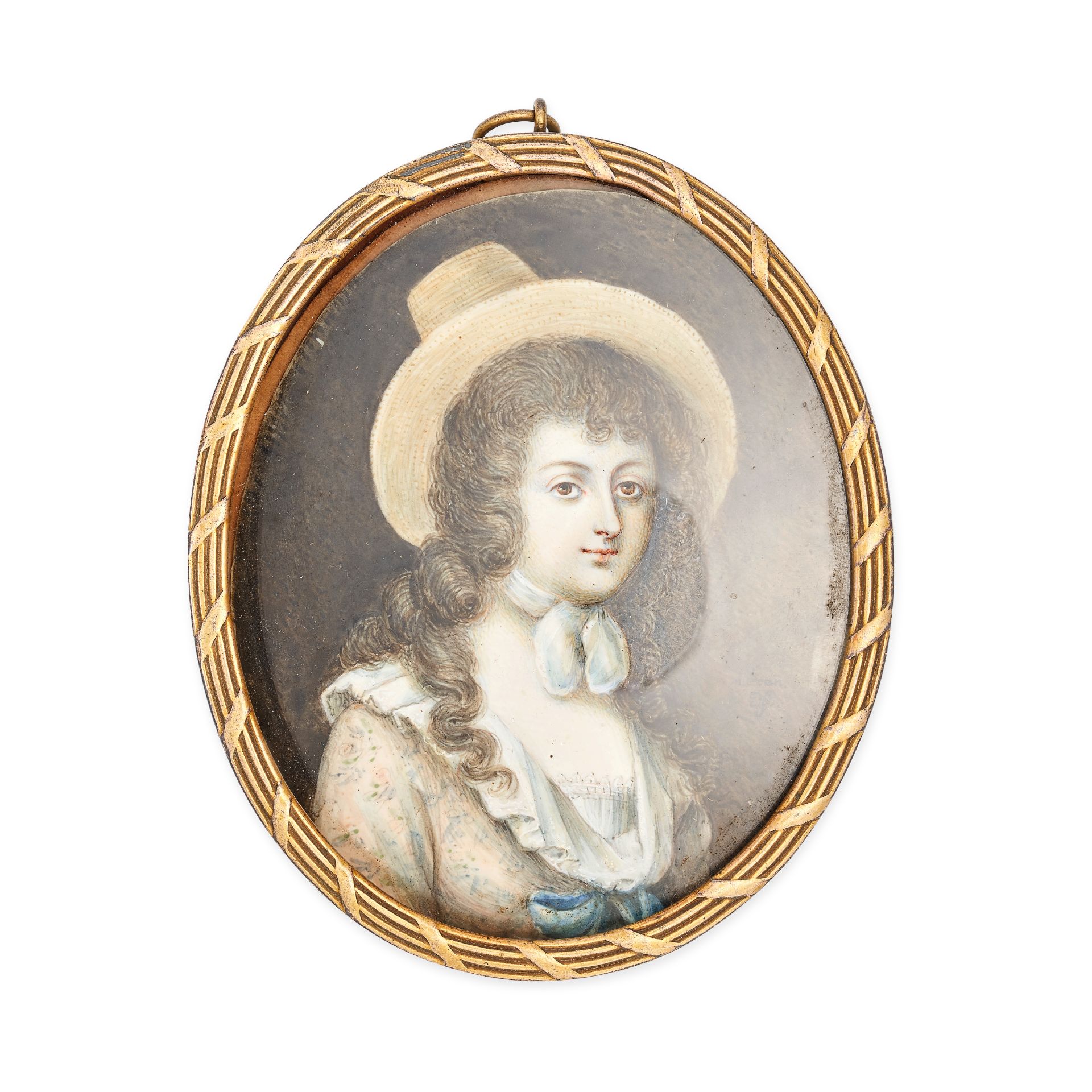 AN ANTIQUE PORTRAIT MINIATURE, LATE EIGHTEENTH CENTURY depicting a young woman in a blue dress an...