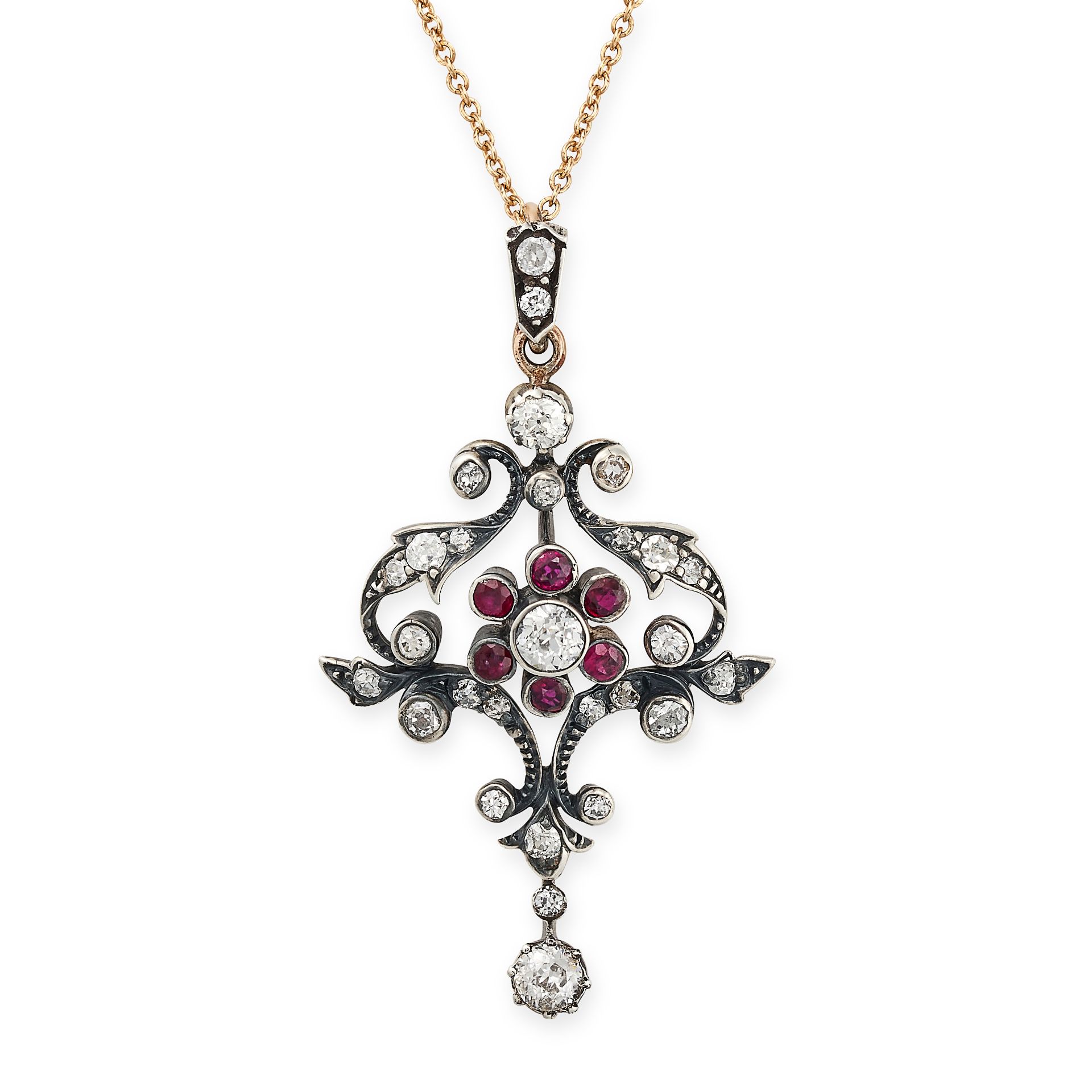 AN ANTIQUE RUBY AND DIAMOND PENDANT AND CHAIN, EARLY 20TH CENTURY AND LATER in yellow gold and si...