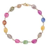 AN EMERALD AND MULTICOLOURED SAPPHIRE BRACELET in 14ct yellow gold, the bracelet set with polishe...