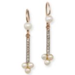 A PAIR OF PEARL AND DIAMOND DROP EARRINGS in yellow gold, each comprising a pearl suspending a ro...