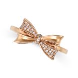 A DIAMOND BOW RING in 18ct rose gold, designed as a stylised bow pave set on alternate ribbons wi...