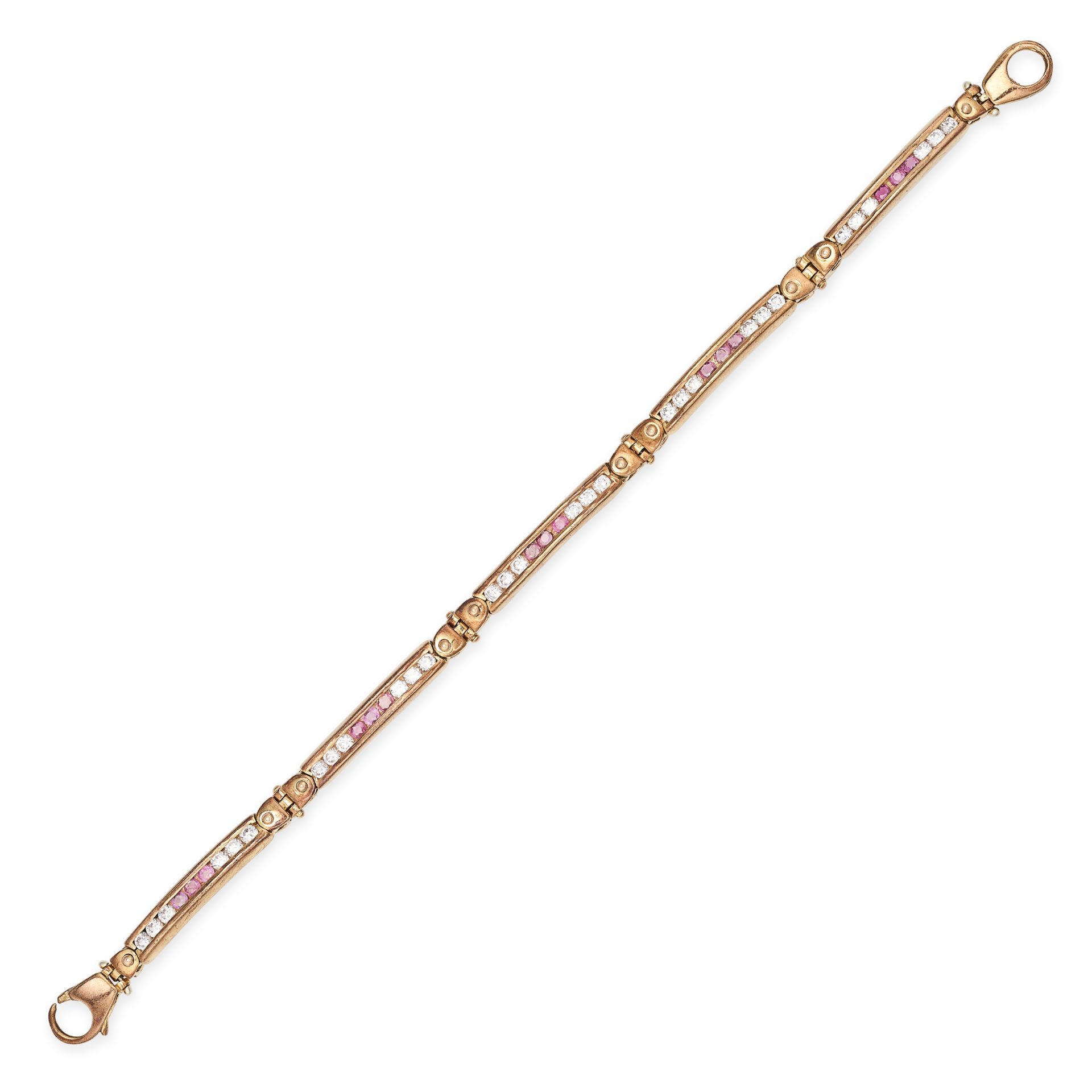 A PINK SAPPHIRE AND CUBIC ZIRCONIA BRACELET in 9ct yellow gold, comprising five bar links set wit...