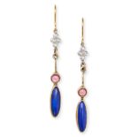 A PAIR OF LAPIS LAZULI, PINK TOURMALINE AND DIAMOND DROP EARRINGS in yellow gold, each set with a...