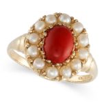 A CORAL AND PEARL CLUSTER RING in 9ct yellow gold, set with an oval cabochon reconstituted coral ...