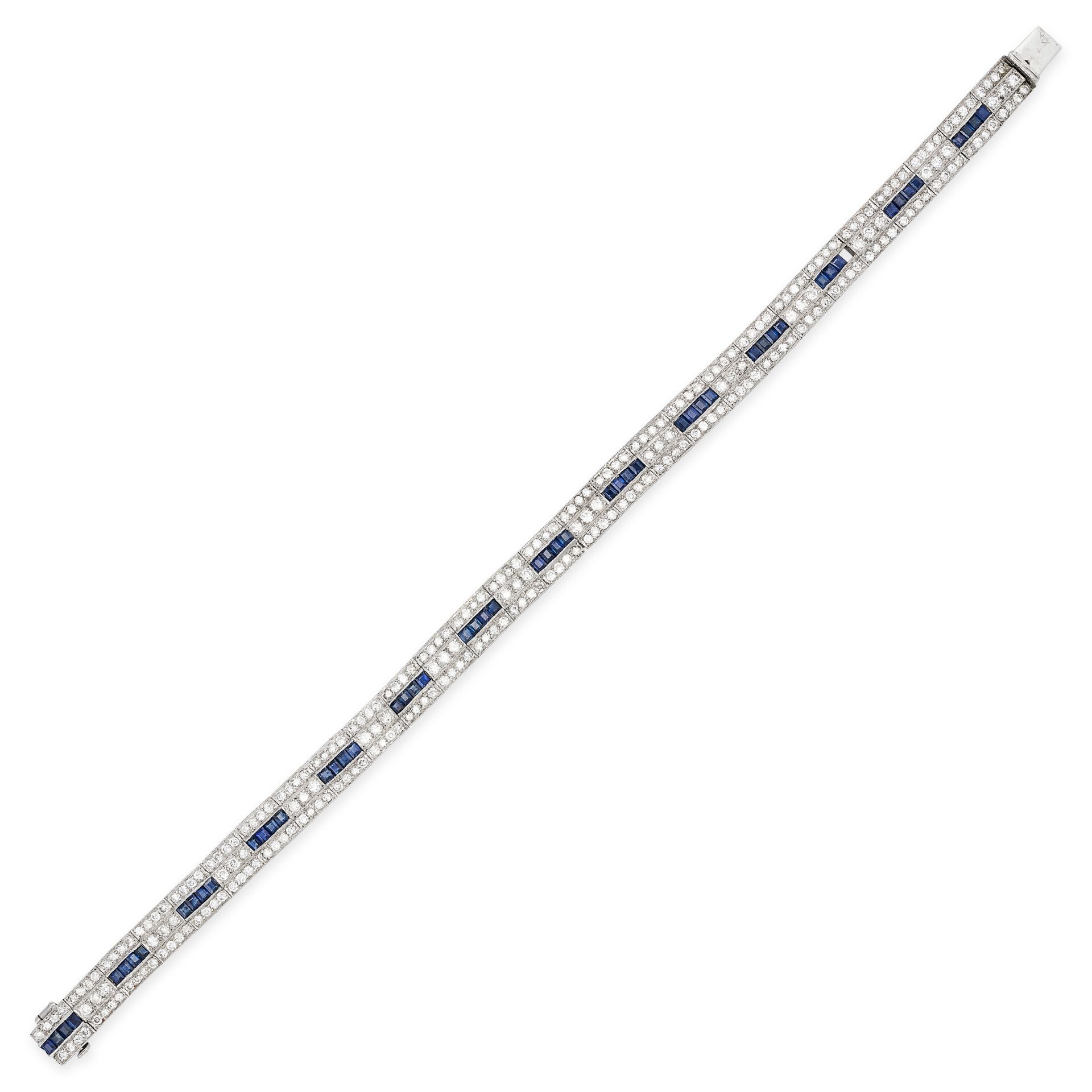 A DIAMOND AND SAPPHIRE BRACELET in 18ct white gold, set with a row of alternating groups of round...
