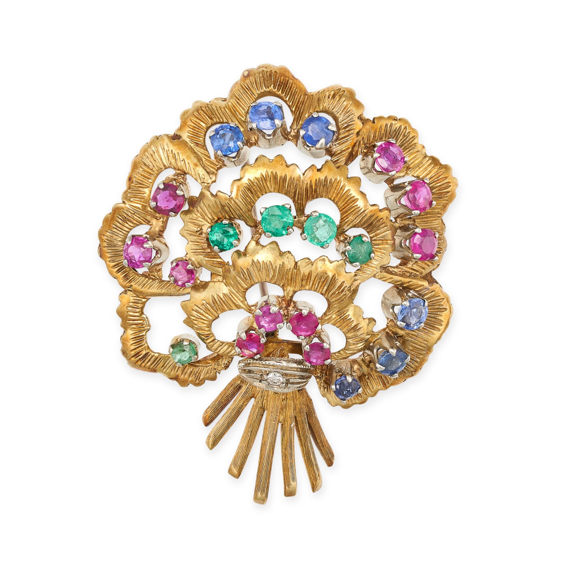 A VINTAGE RUBY, SAPPHIRE, EMERALD AND DIAMOND BROOCH in 18ct yellow and white gold, designed as a...