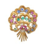 A VINTAGE RUBY, SAPPHIRE, EMERALD AND DIAMOND BROOCH in 18ct yellow and white gold, designed as a...