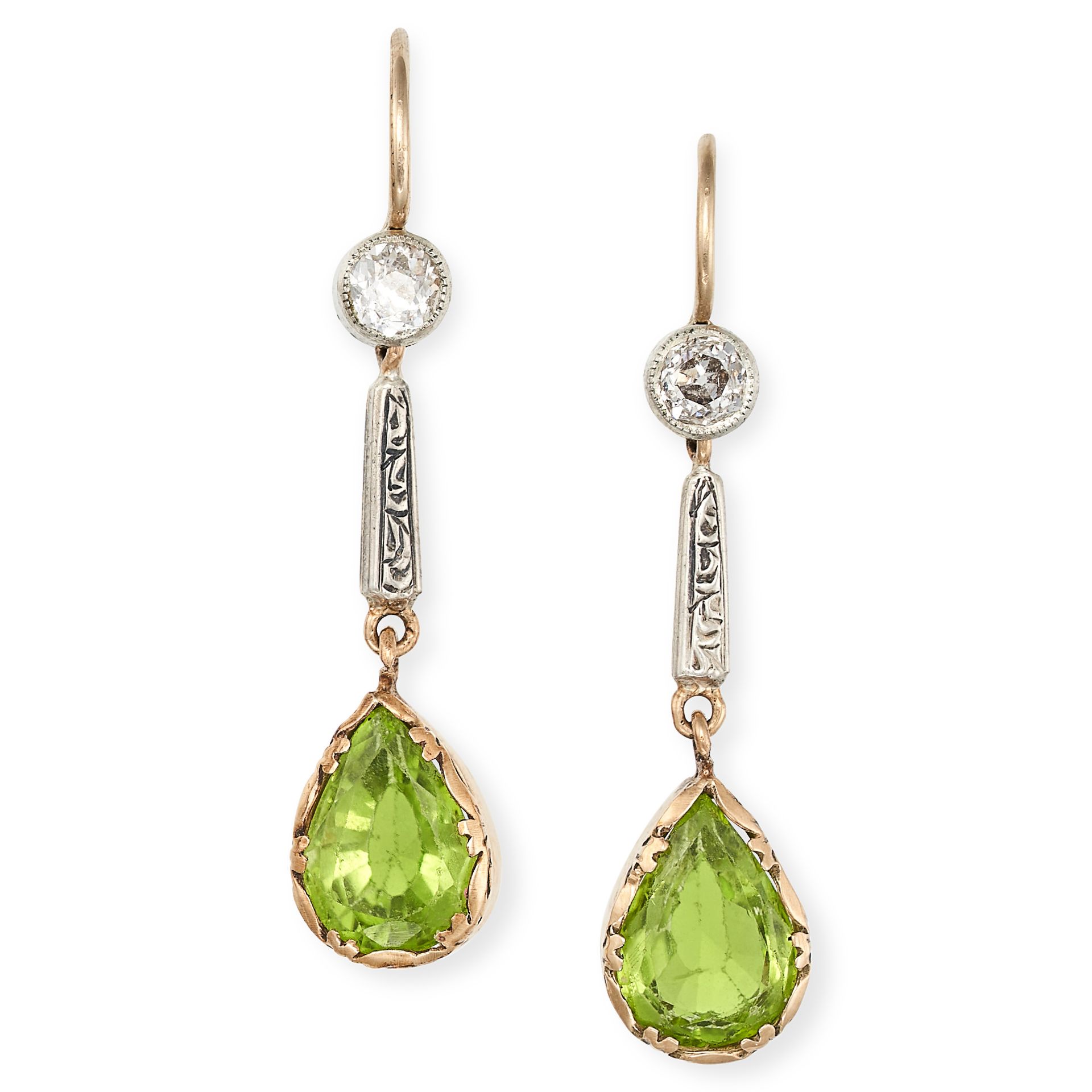 A PAIR OF ANTIQUE PERIDOT AND DIAMOND DROP EARRINGS, EARLY 20TH CENTURY in yellow gold, each comp...