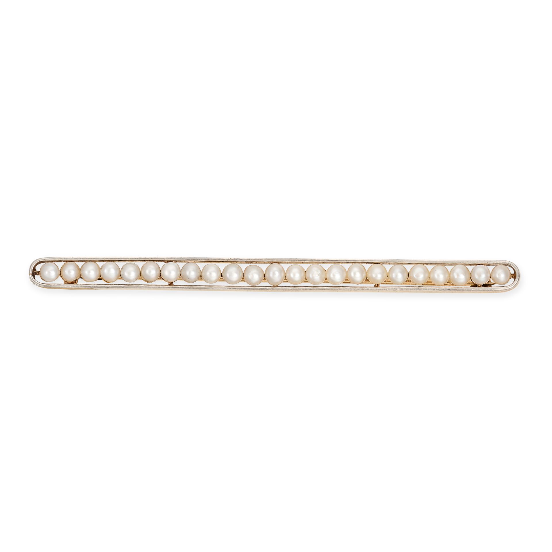 A VINTAGE PEARL BAR BROOCH in 18ct yellow gold and platinum, comprising a row of pearls set to an...