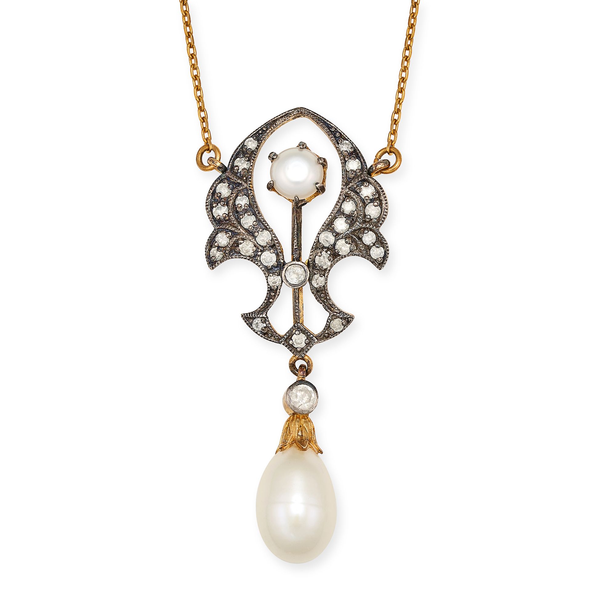 A PEARL AND DIAMOND PENDANT NECKLACE in yellow gold and silver, the pendant in scrolling design s...