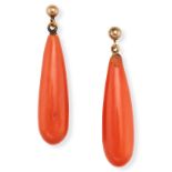 A PAIR OF CORAL DROP EARRINGS in 9ct yellow gold, each comprising a gold sphere suspending a poli...