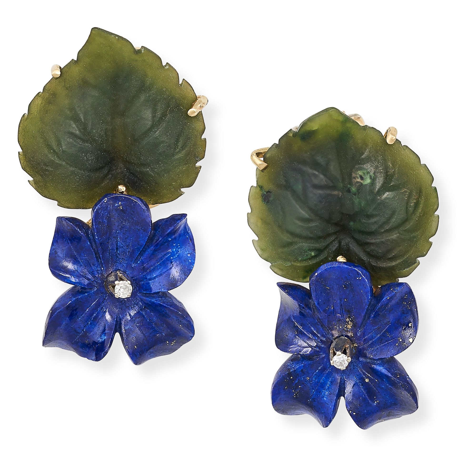 A PAIR OF VINTAGE LAPIS LAZULI, NEPHRITE AND DIAMOND FLOWER EARRINGS in 18ct yellow gold, each co...