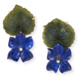 A PAIR OF VINTAGE LAPIS LAZULI, NEPHRITE AND DIAMOND FLOWER EARRINGS in 18ct yellow gold, each co...