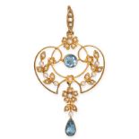 AN ANTIQUE EDWARDIAN PEARL AND AQUAMARINE PENDANT in yellow gold, in a scrolling foliate design s...