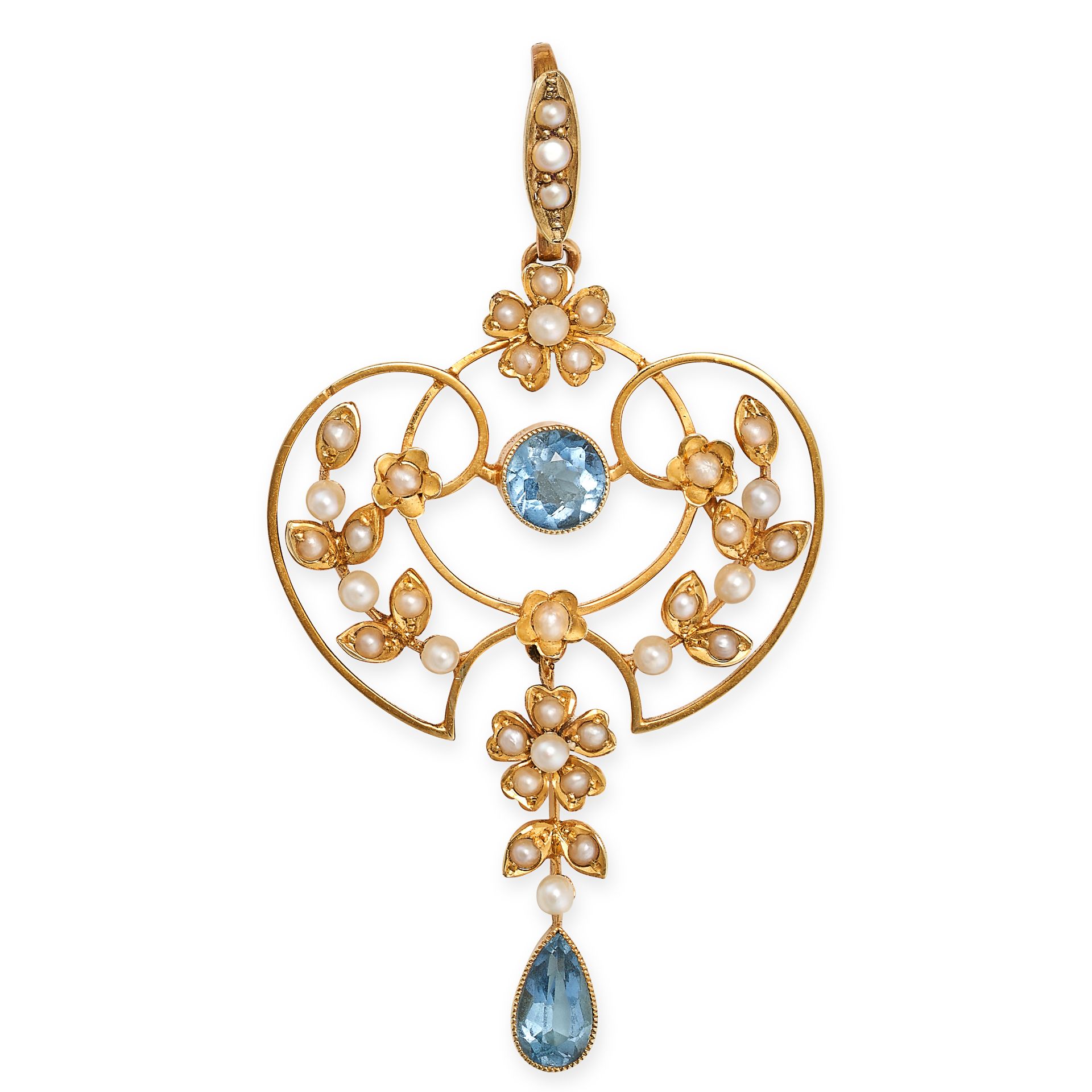 AN ANTIQUE EDWARDIAN PEARL AND AQUAMARINE PENDANT in yellow gold, in a scrolling foliate design s...