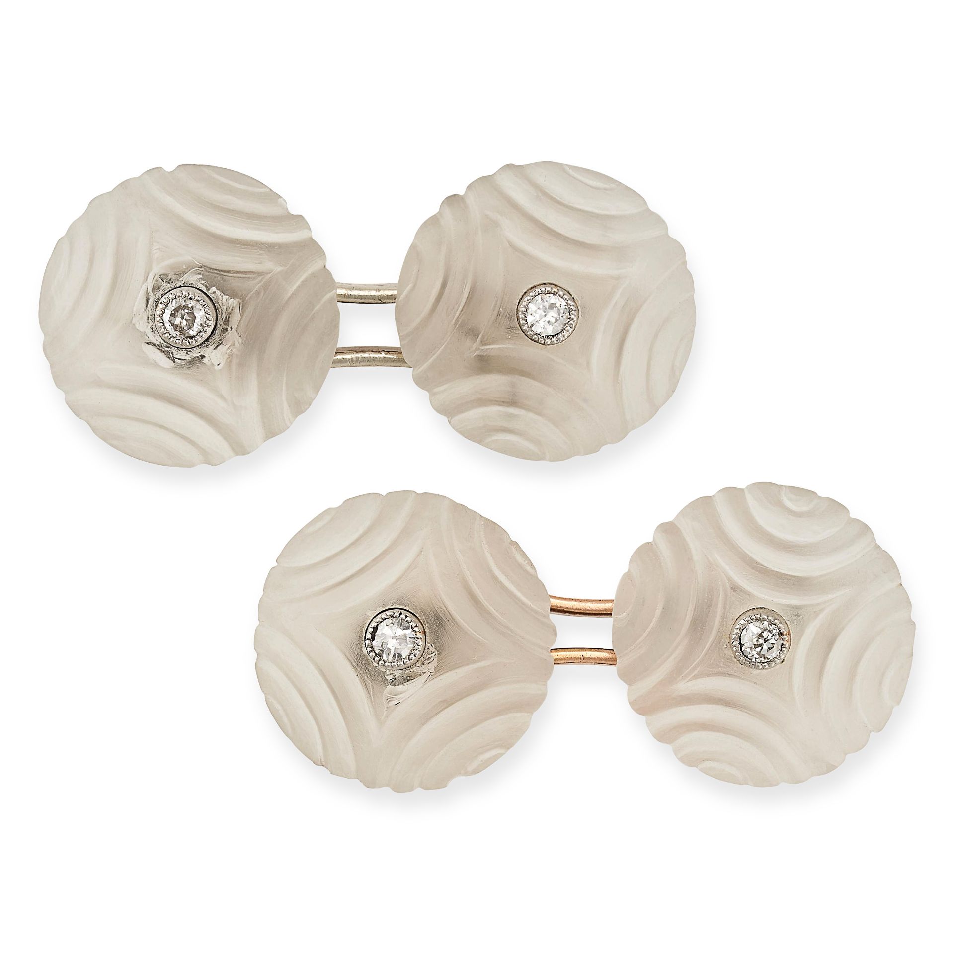 A PAIR OF ART DECO FRENCH ROCK CRYSTAL AND DIAMOND CUFFLINKS in 18ct gold, each link comprising a...