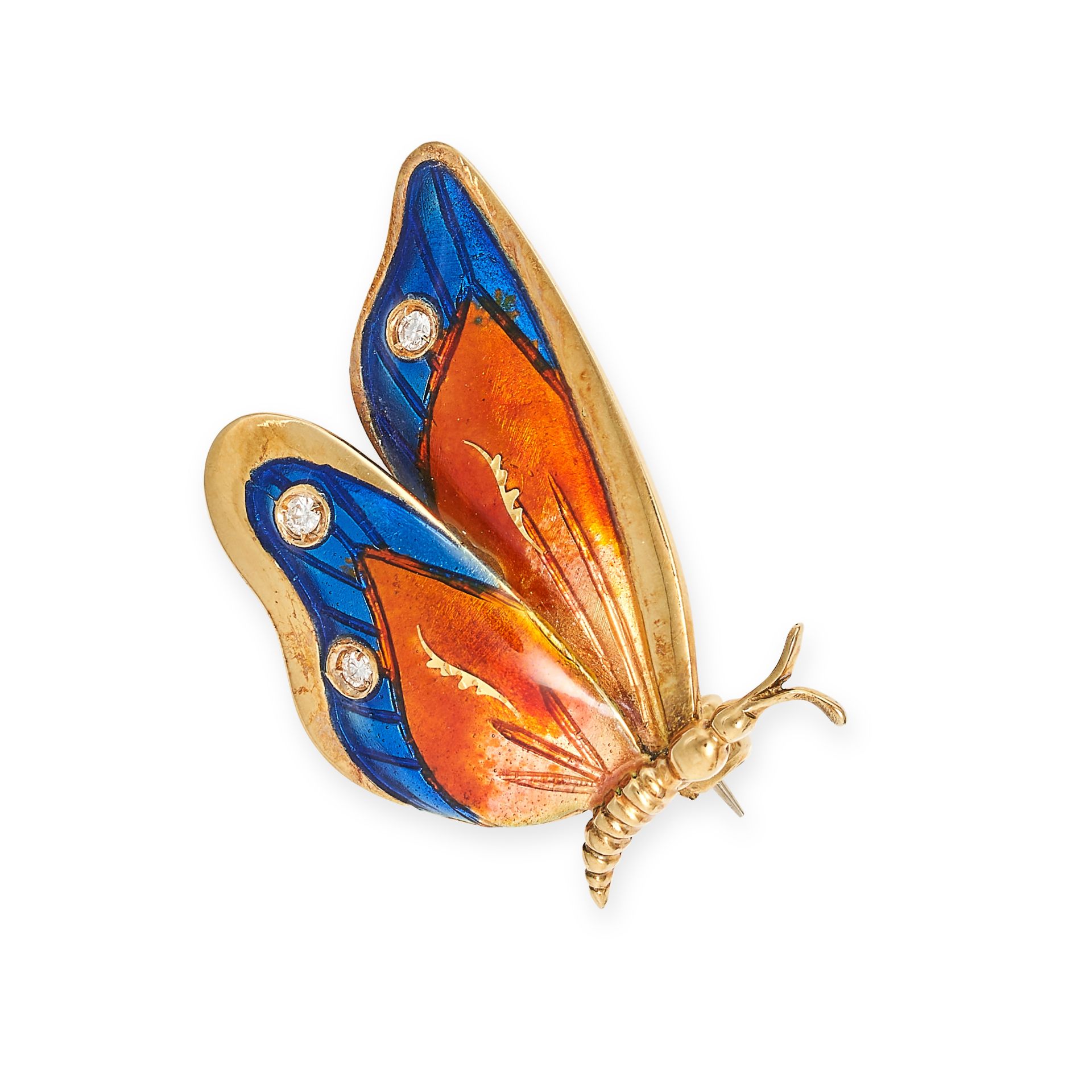 A DIAMOND AND ENAMEL BUTTERFLY BROOCH in 18ct yellow gold, designed as a butterfly, the wings dec...