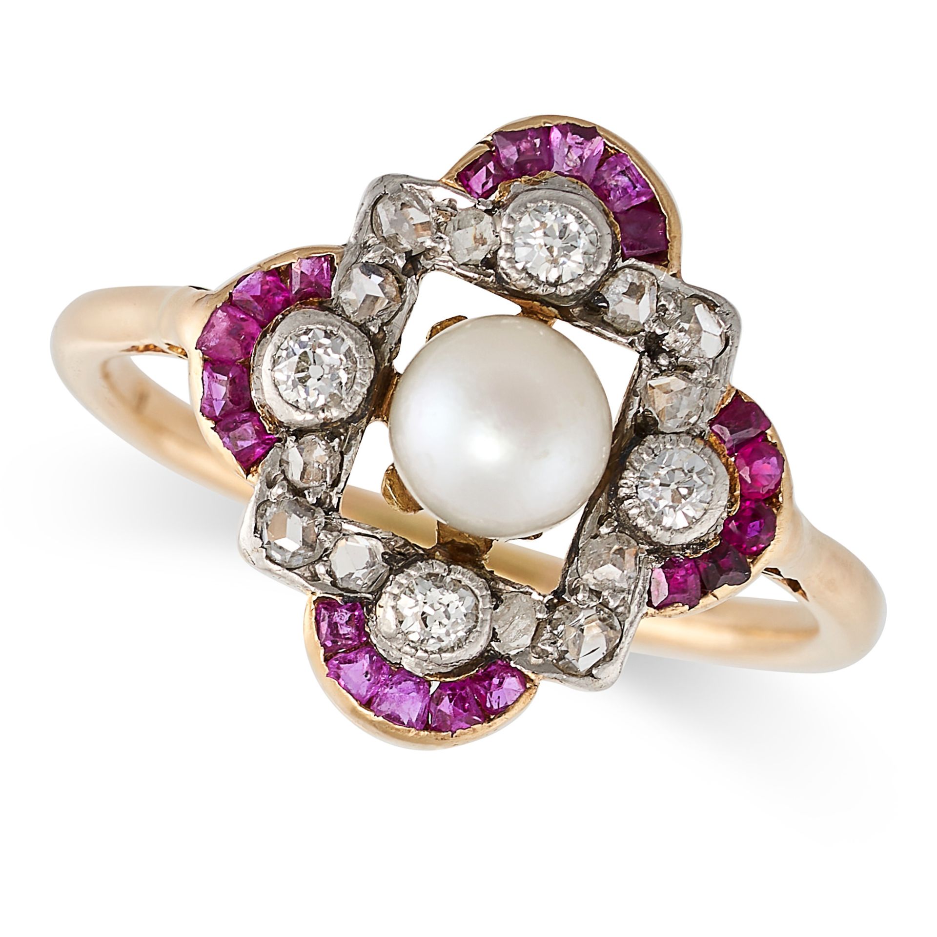 A PEARL, DIAMOND AND RUBY RING in 14ct yellow gold, set with a pearl of 5.0mm in a border of old ...