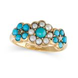 A TURQUOISE, PEARL AND DIAMOND CLUSTER RING in 18ct yellow gold, set with a cabochon turquoise in...