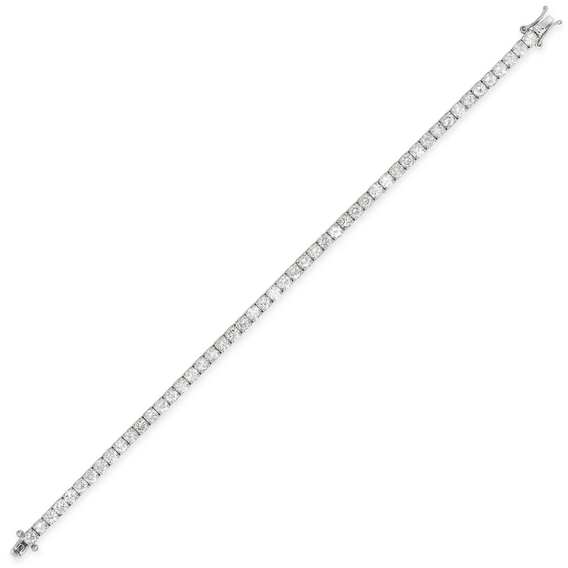 A 6.80 CARAT DIAMOND LINE BRACELET in 18ct white gold, set with a row of round brilliant cut diam...