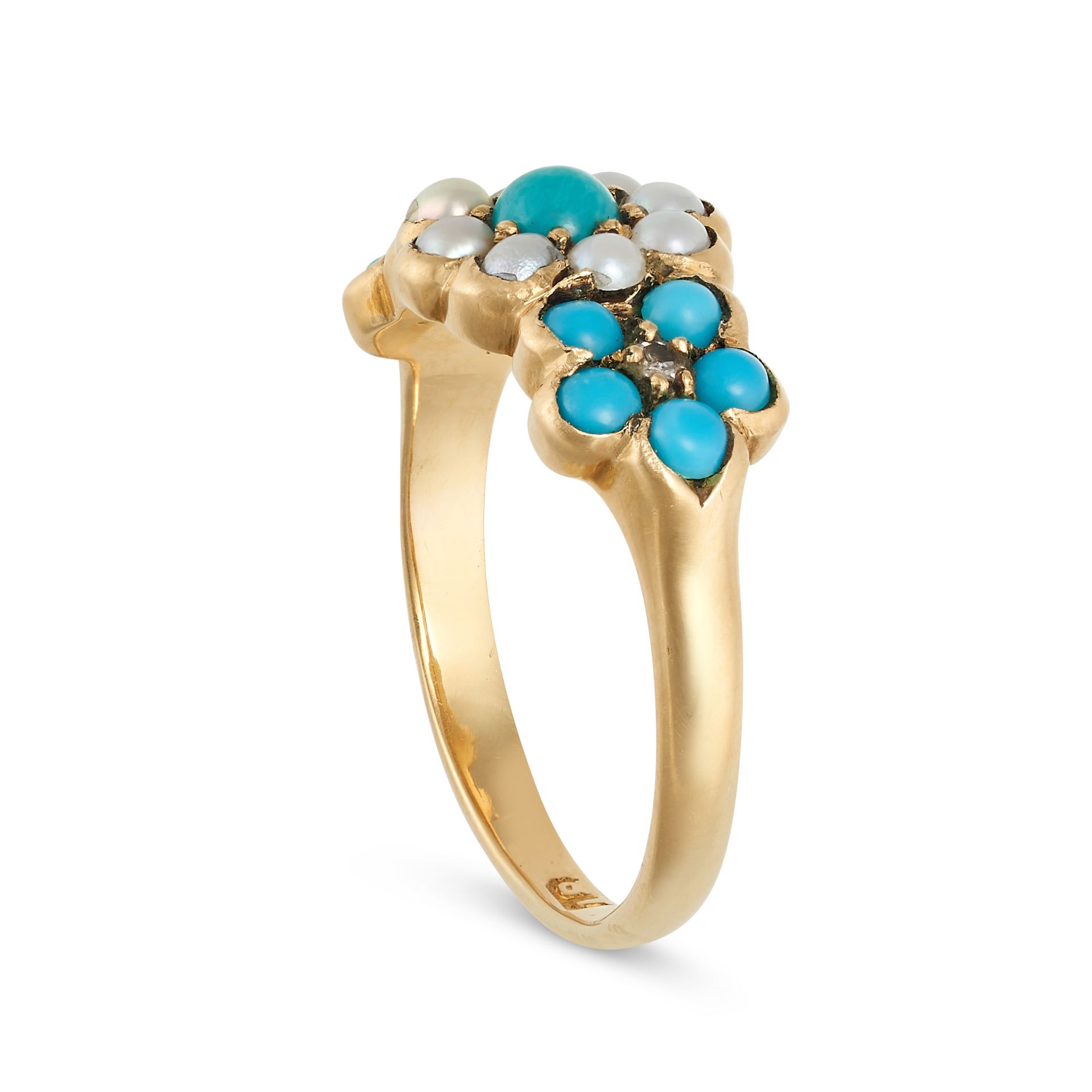 A TURQUOISE, PEARL AND DIAMOND CLUSTER RING in 18ct yellow gold, set with a cabochon turquoise in... - Image 2 of 2