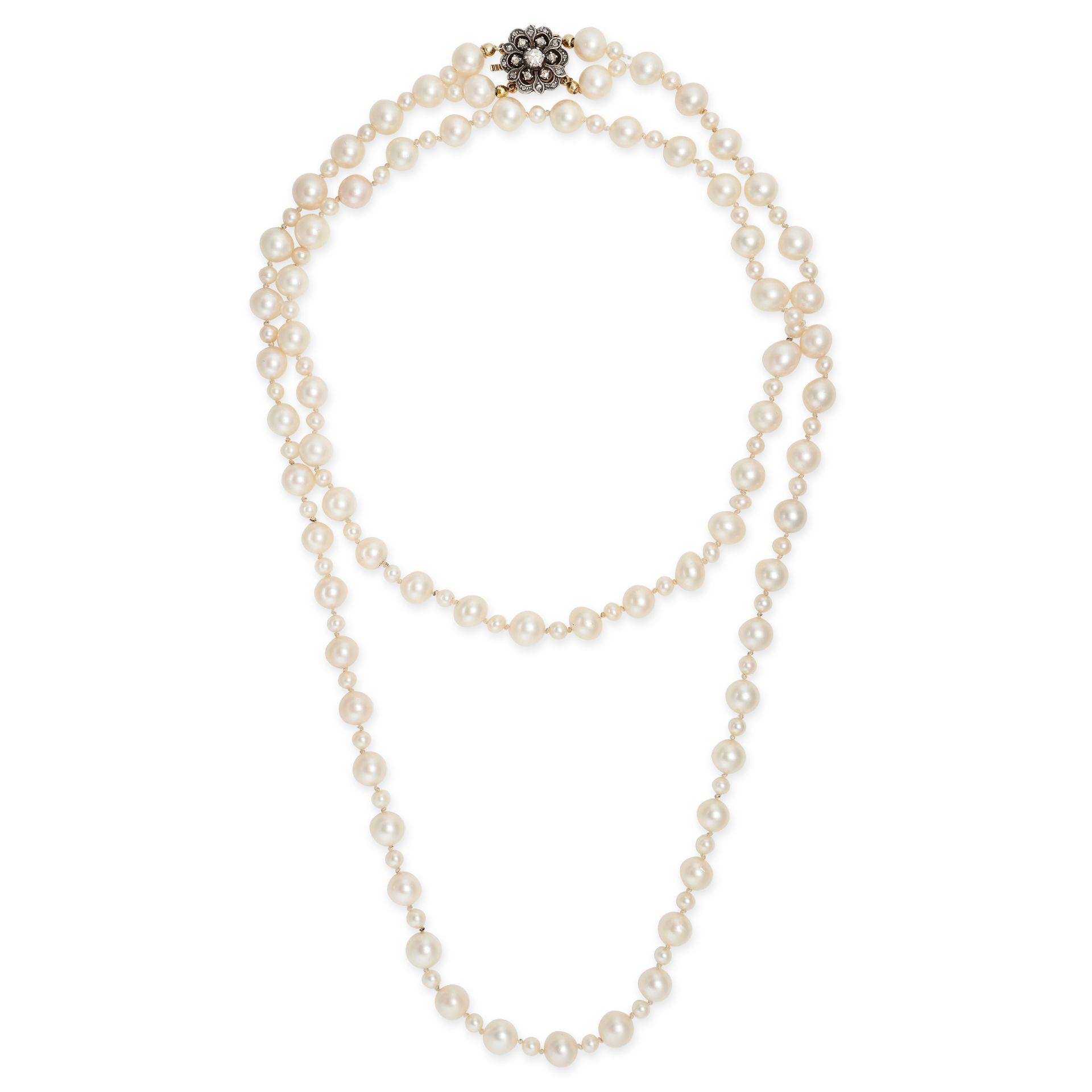 A PEARL AND DIAMOND NECKLACE in yellow gold and silver, comprising a single row of alternating la...